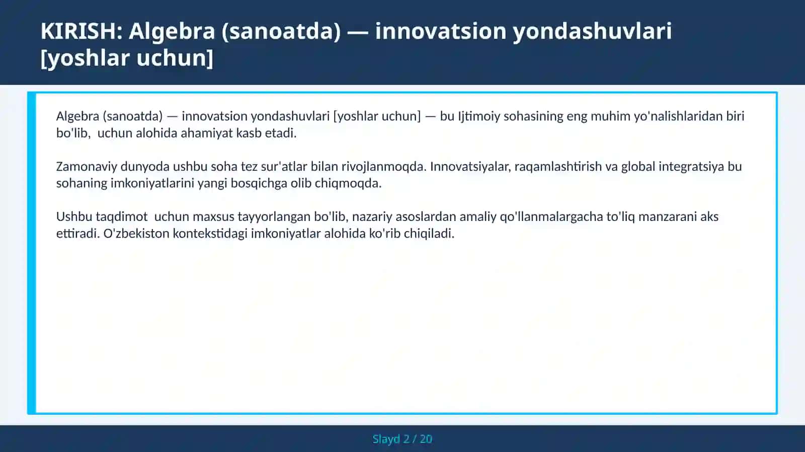 Algebra (SANOATDA) — INNOVATSION YONDASHUVLARI [YOSHLAR UCHUN] 2