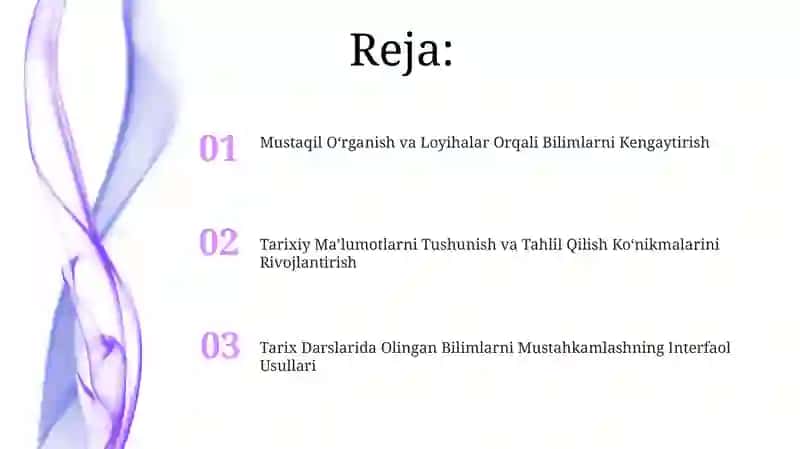 Tarix darslarida oʻquvchilarning olgan bilimlarini mustahkamlash yoʻllari mavzusida 2