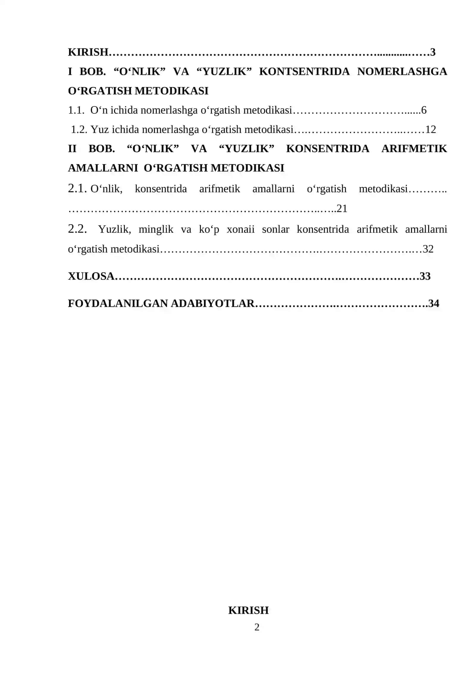 “O‘nlik”, “Yuzlik” konsentrida nomerlashga o‘rgatish metodikasi. Konsentrlarda arifmetik amallarni bajarishga o‘rgatish” 2
