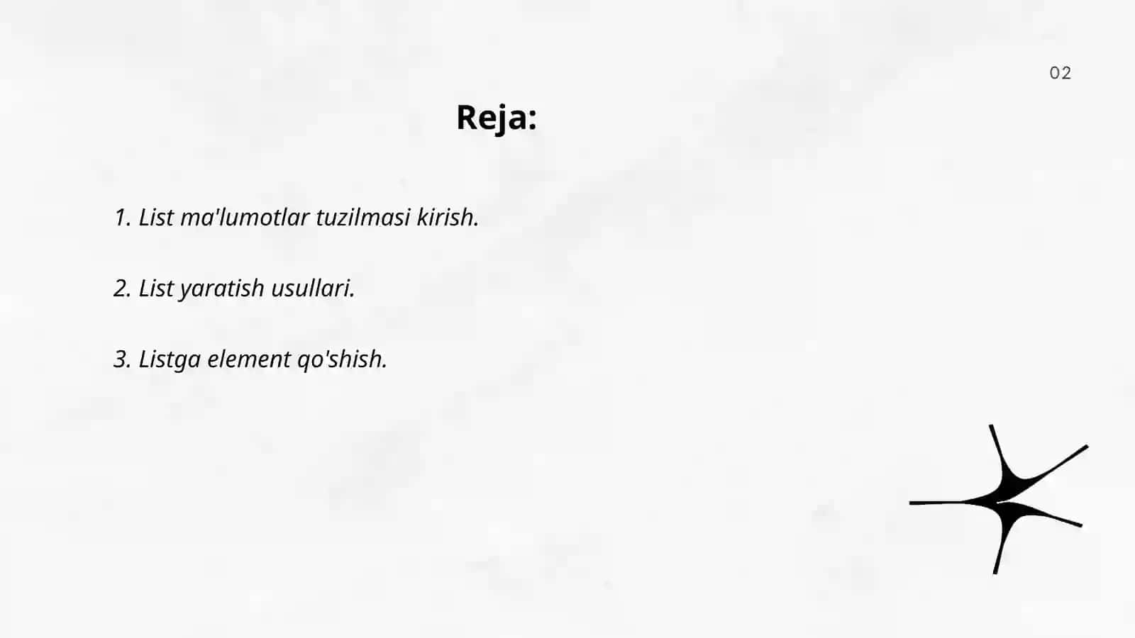 List ma'lumotlar tuzilmasi va uning metodlari bilan ishlash 2