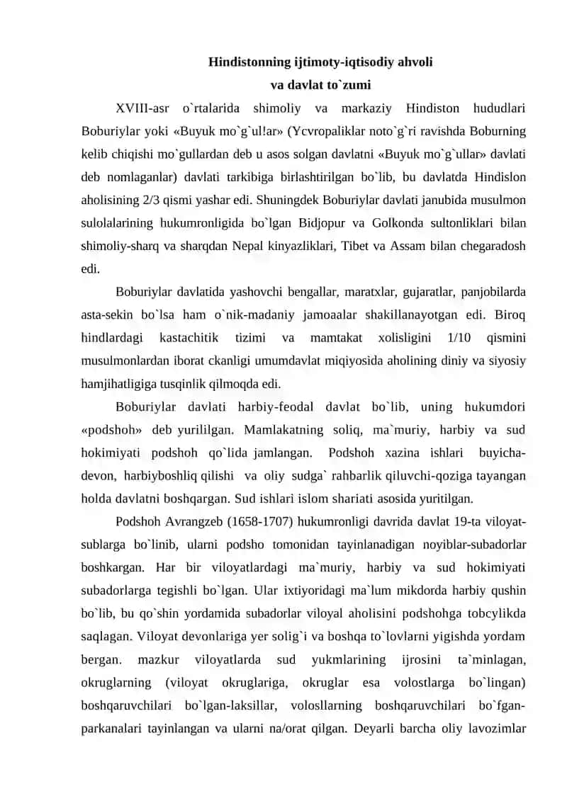 Hindistonning ijtimoiy-iqtisodiy ahvoli va davlat to`zumi 2