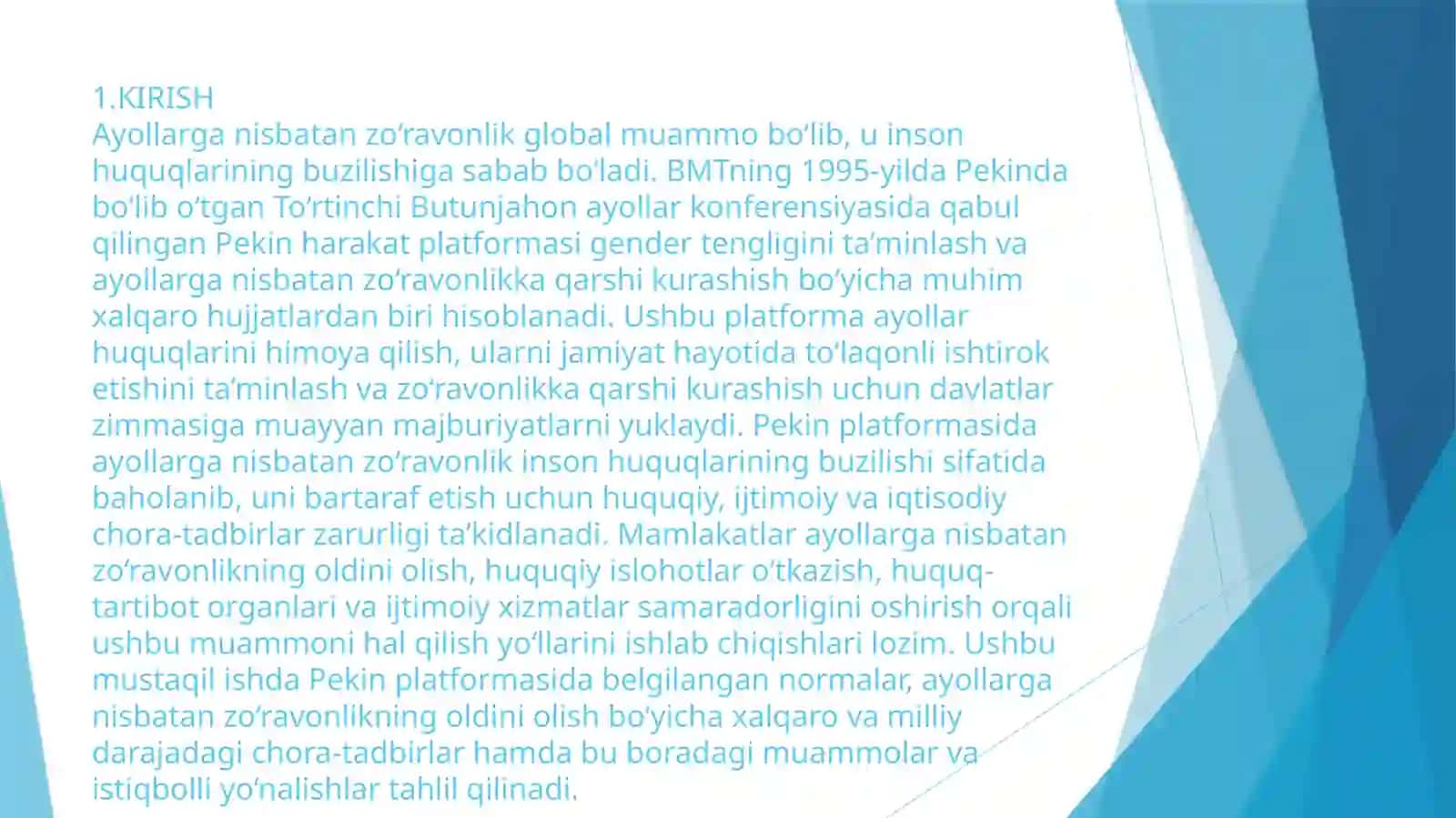Pekin platformasida ayollarga nisbatan zo’ravonlikka qarshi kurash borasida qanday normalar bor 2