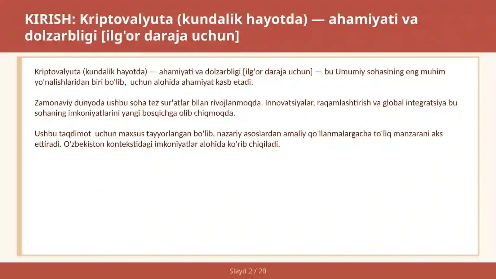 KRIPTOVALYUTA (KUNDALIK HAYOTDA) — AHAMIYATI VA DOLZARBLIGI [ILG'OR DARAJA UCHUN] 2