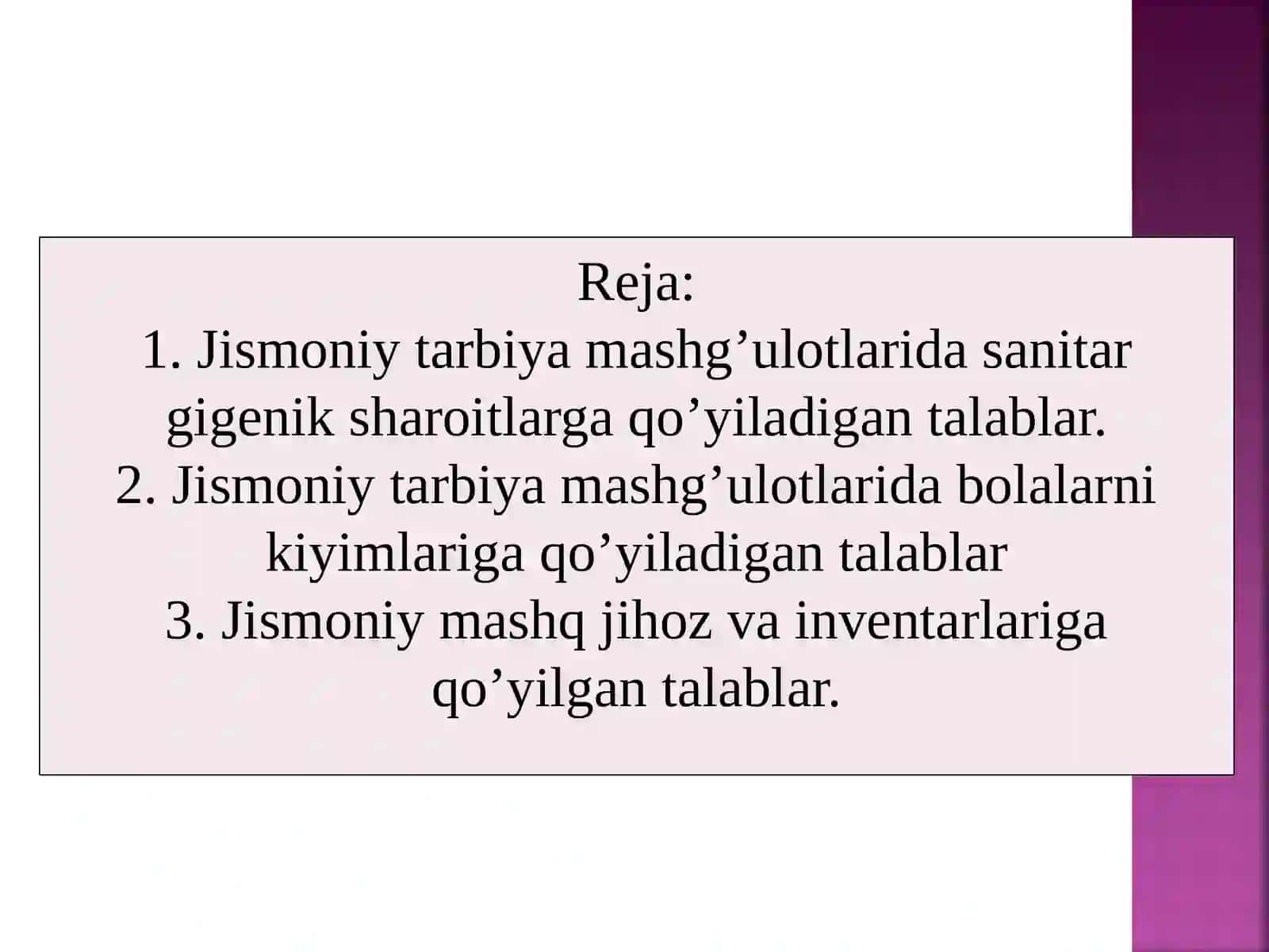 jismoniytarbiyamashg'ulotlaridasanitargigeniksharoitlargavabolalarnikiyimlarigaquyiladigantalablar 2
