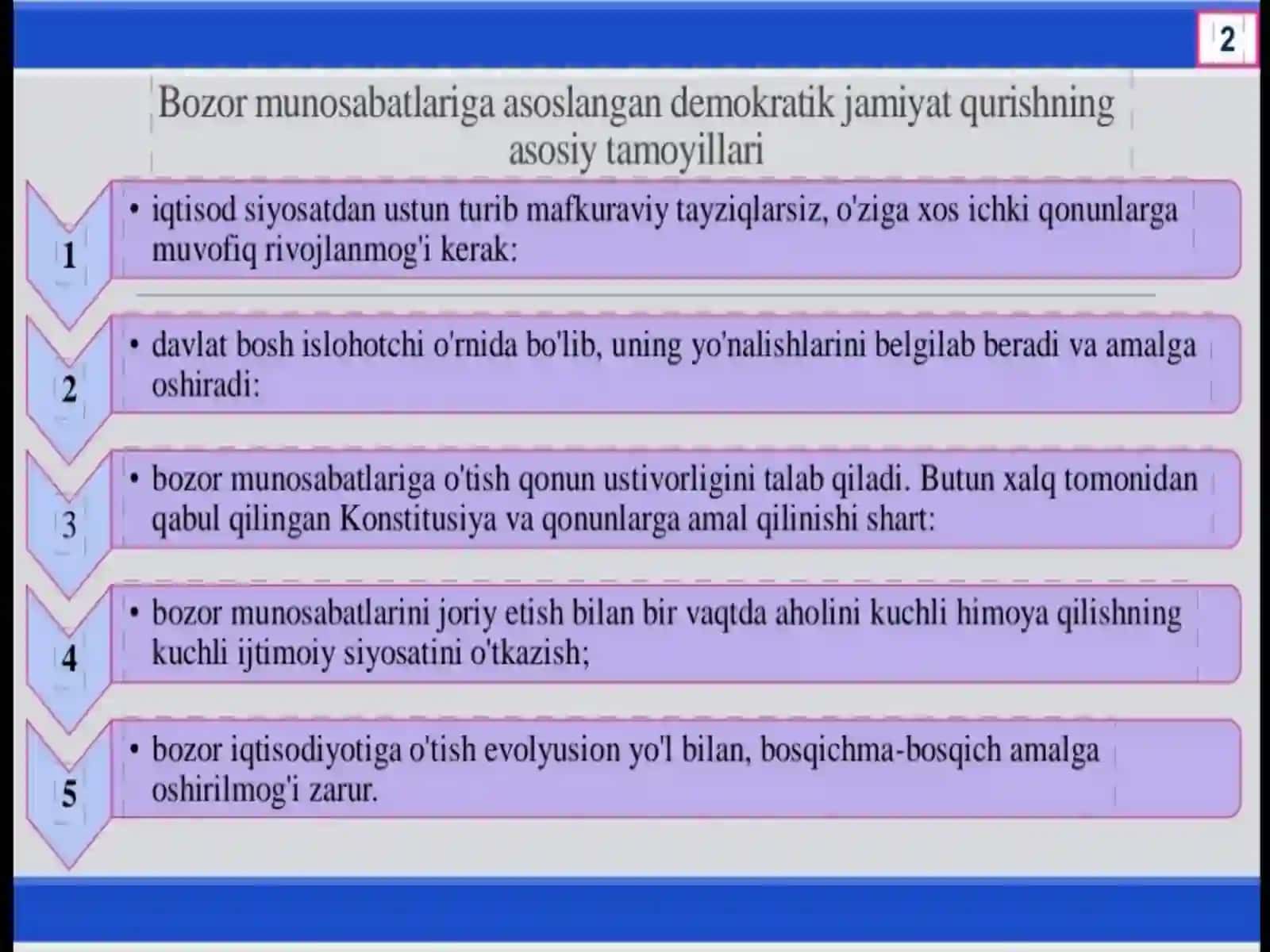Iqtisodiy islohotlar, xususiy mulkchilikning shakllanishi.O‘zbekistonda bozor munosabatlarining rivojlanishi 2