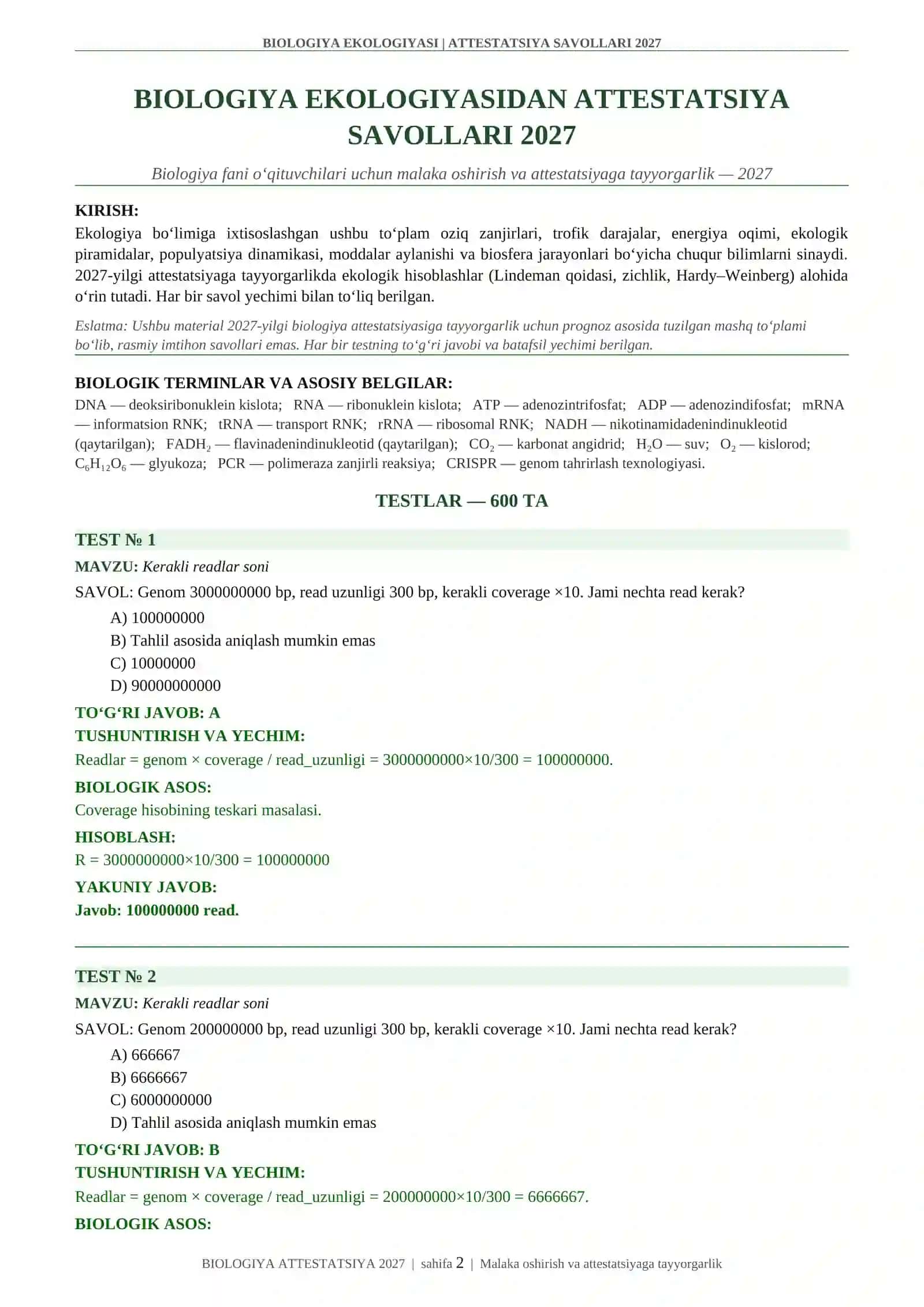 BIOLOGIYA EKOLOGIYASI | ATTESTATSIYA SAVOLLARI 2027 2