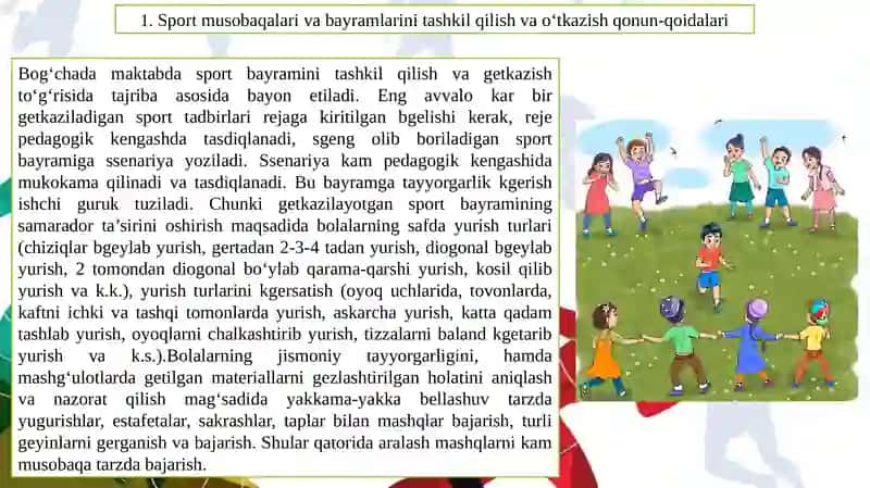 Sport to‘garak mashg‘ulotlari va bayram tadbirlarini o‘tkazish jarayonida milliy va harakatli o‘yinlardan foydalanish 2