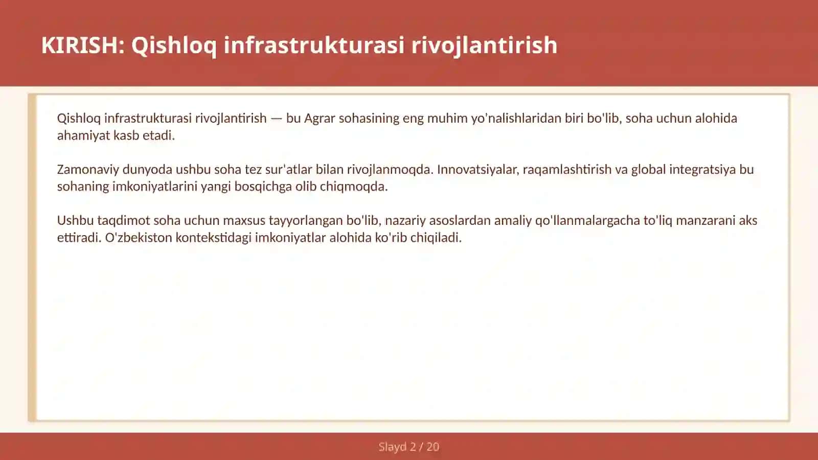 Qishloq infrastrukturasi rivojlantirish 2