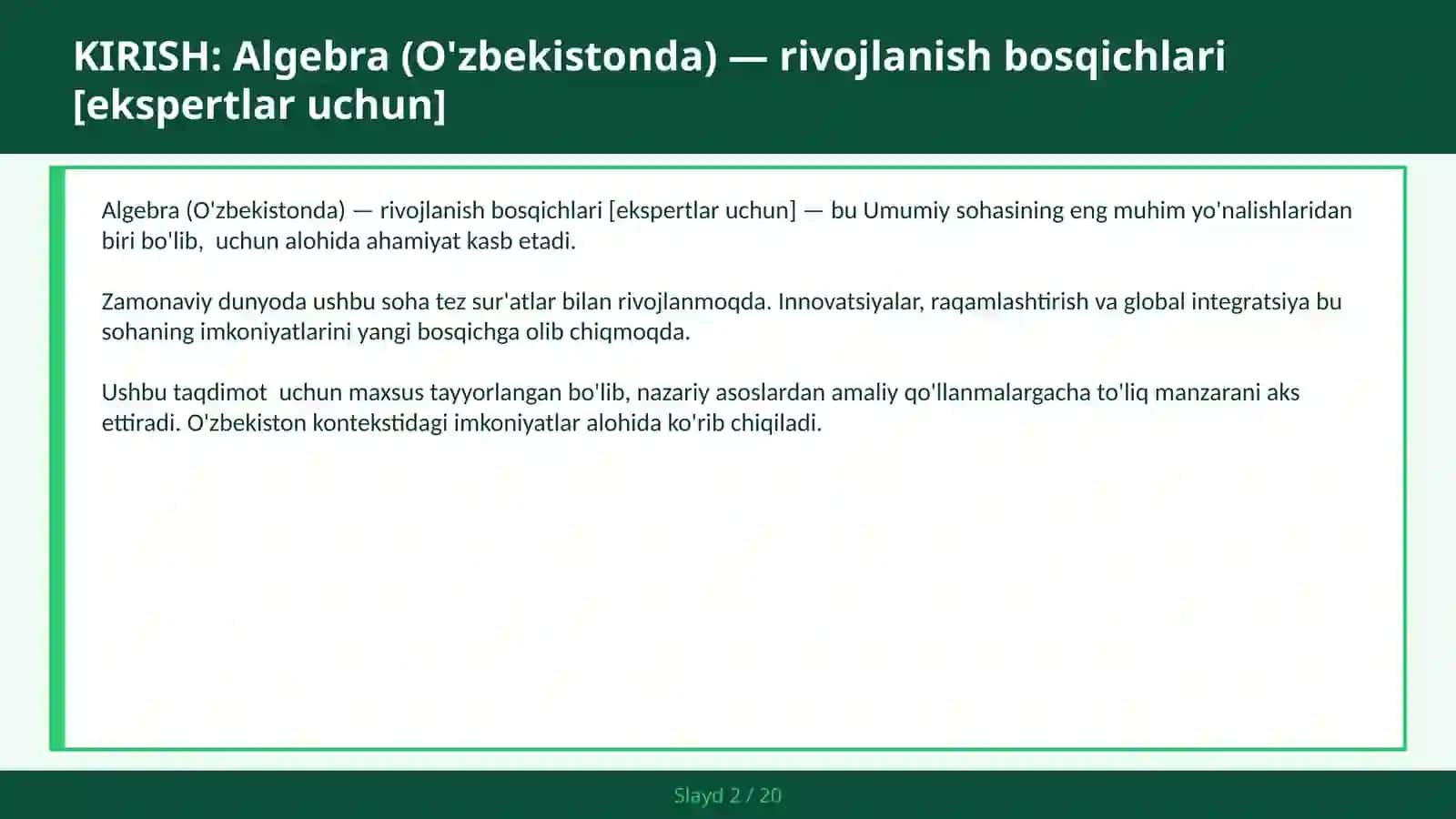 ALGEBRA (O'ZBEKISTONDA) — RIVOJLANISH BOSQICHLARI [EKSPERTLAR UCHUN] 2