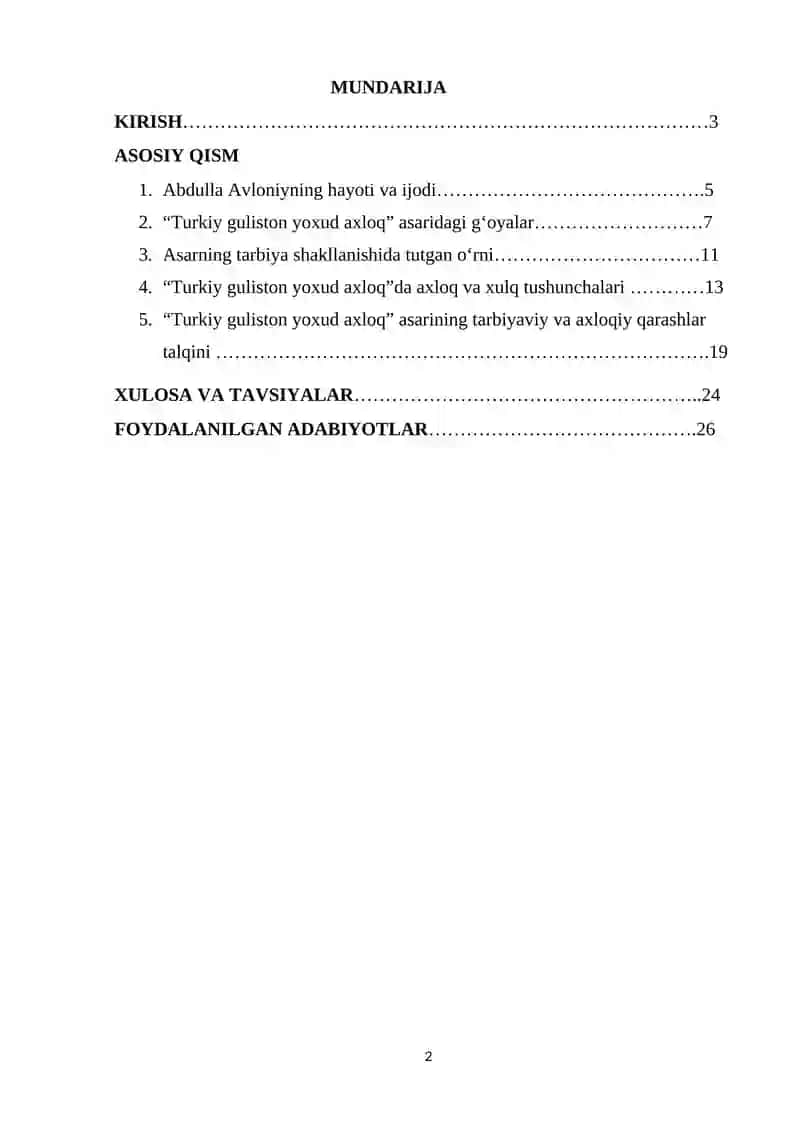 KURS ISHI "Abdulla Avloniyning “Turkiy guliston yoxud axloq” asaridagi oilaviy tarbiyaga oid g‘oyalari" 2