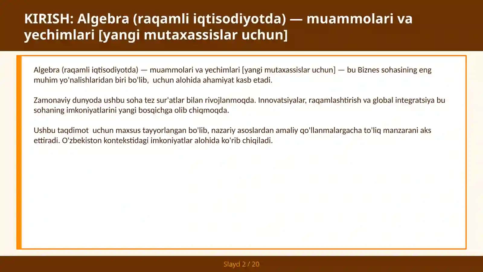 Algebra (Raqamli Iqtisodiyotda) - Muammolari va Yechimlari [Yangi Mutaxassislar Uchun] 2