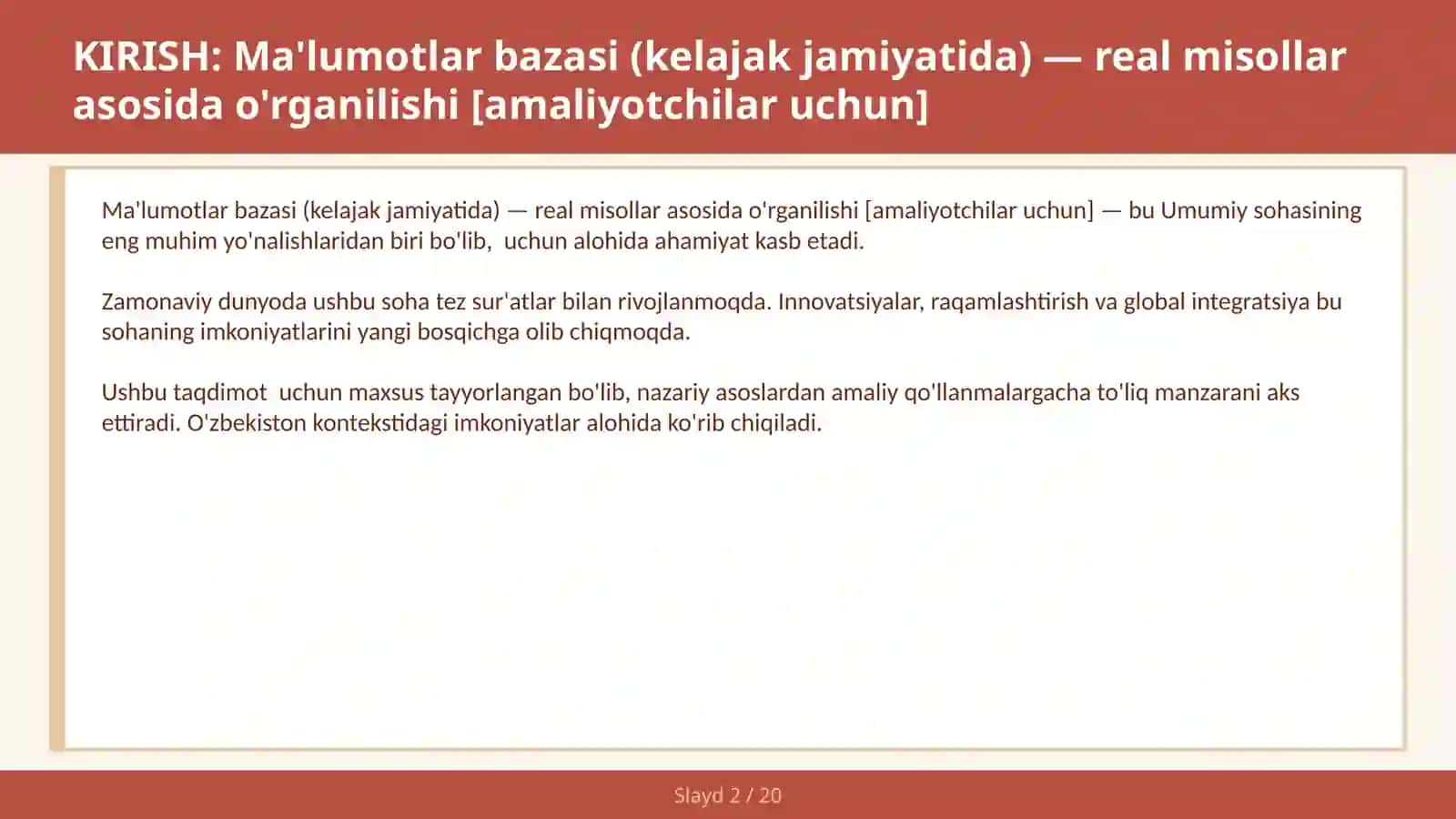 Ma'lumotlar bazasi (kelajak jamiyatida) — real misollar asosida o'rganilishi [amaliyotchilar uchun] 2