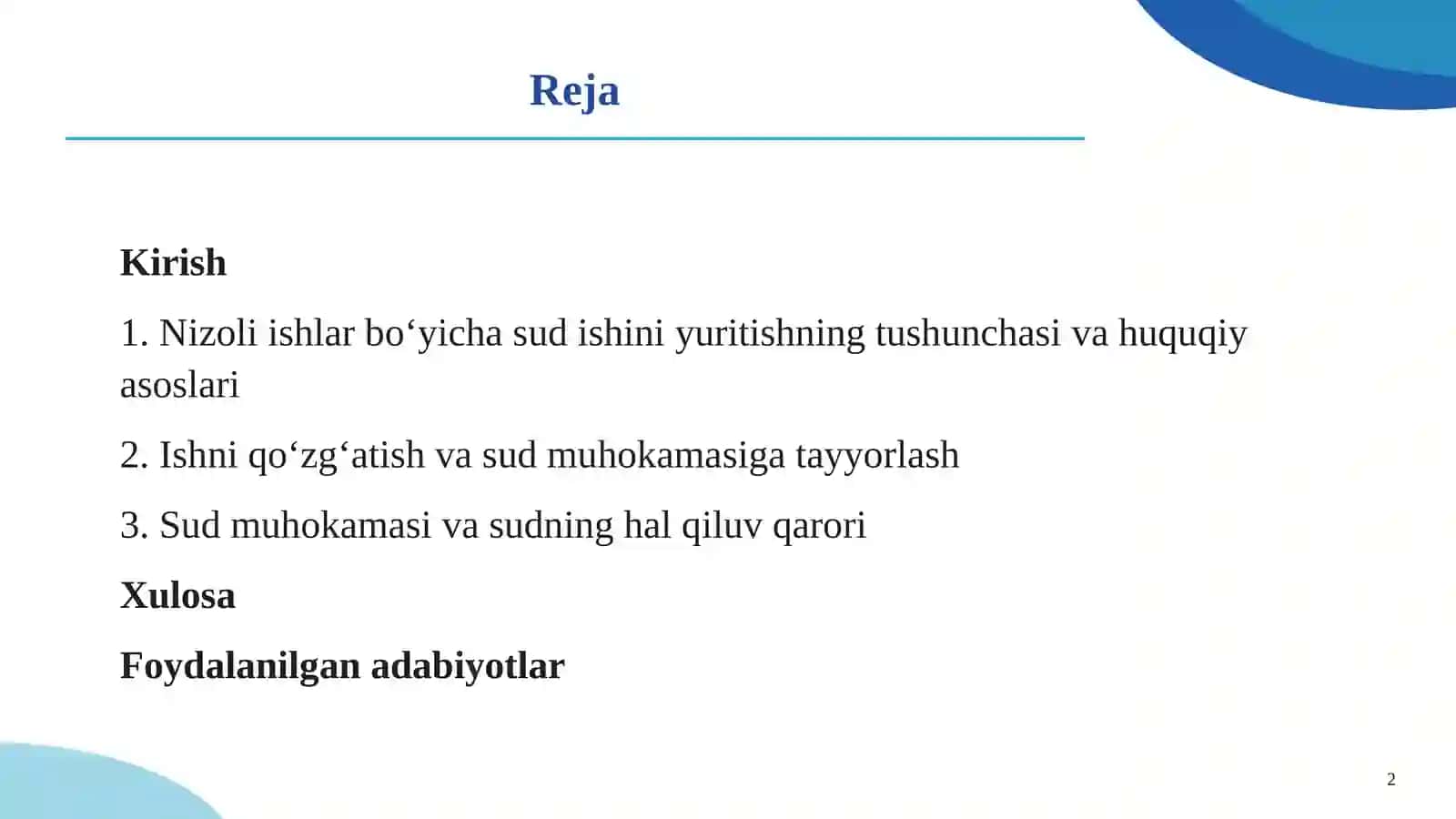 NIZOLI ISHLAR BO‘YICHA SUD ISHINI YURITISH 2