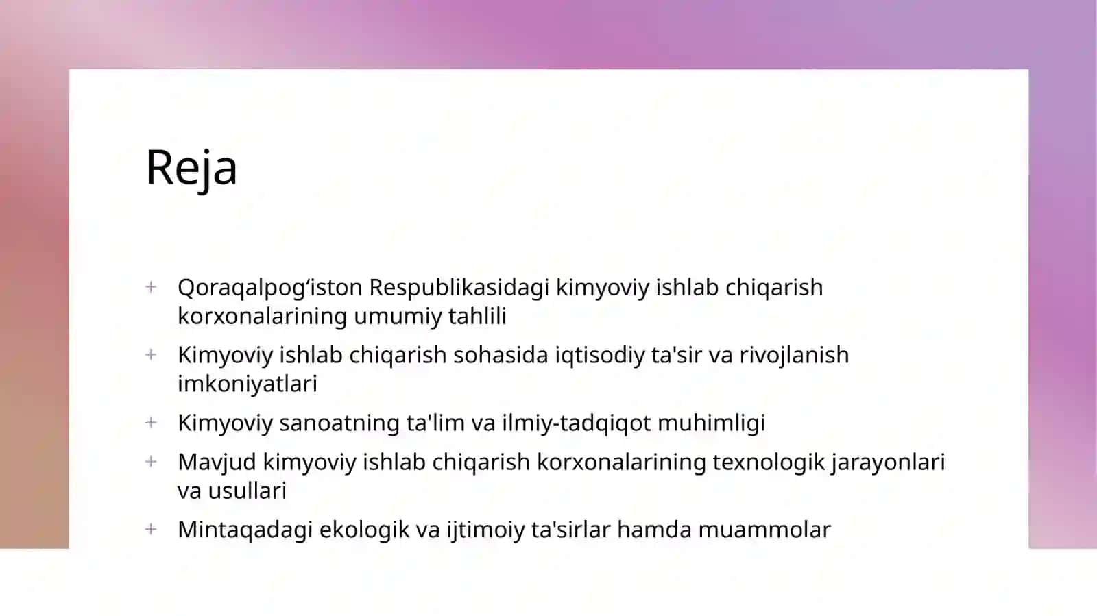 Qoraqalpog‘iston Respublikasidagi kimyoviy ishlab chiqarish korxonalarining umumiy holati va asosiy xususiyatlari 2