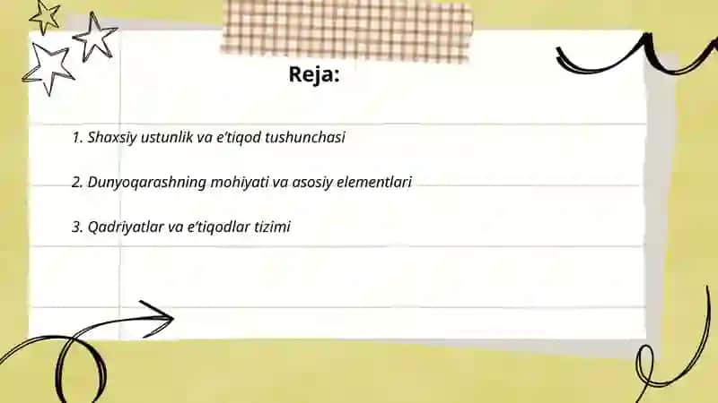 Shaxs ustonovkasi eʼtiqodi va dunyoqarashi. Motiv va motivatsiya haqida tushuncha 2