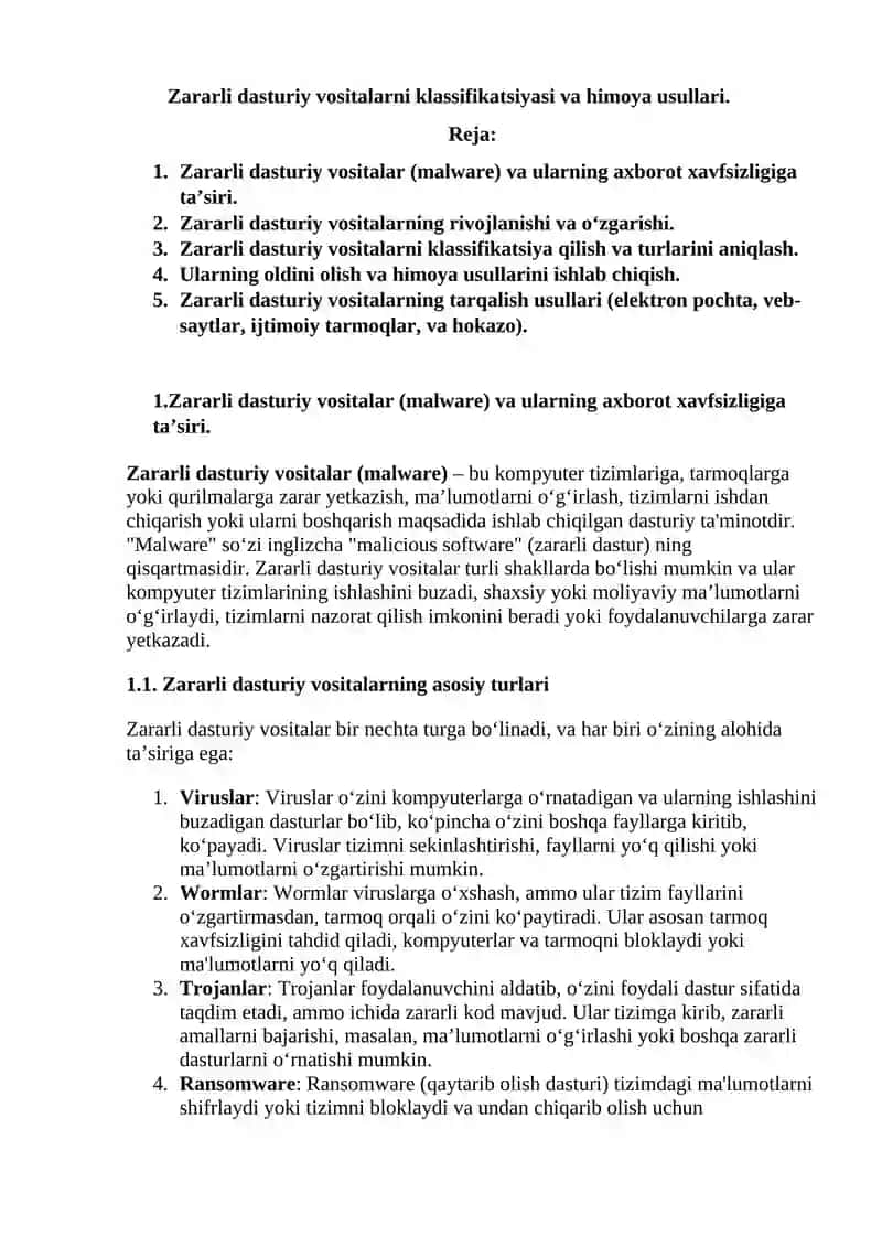 Zararli dasturiy vositalarni klassifikatsiyasi va  himoya usullari. 2