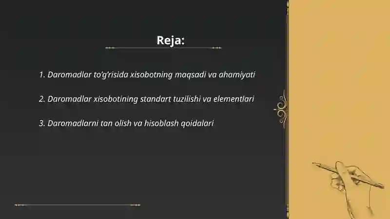 Daromadlar to’g’risida xisobotlarni tayyorlash va uni tahlil qilish 2