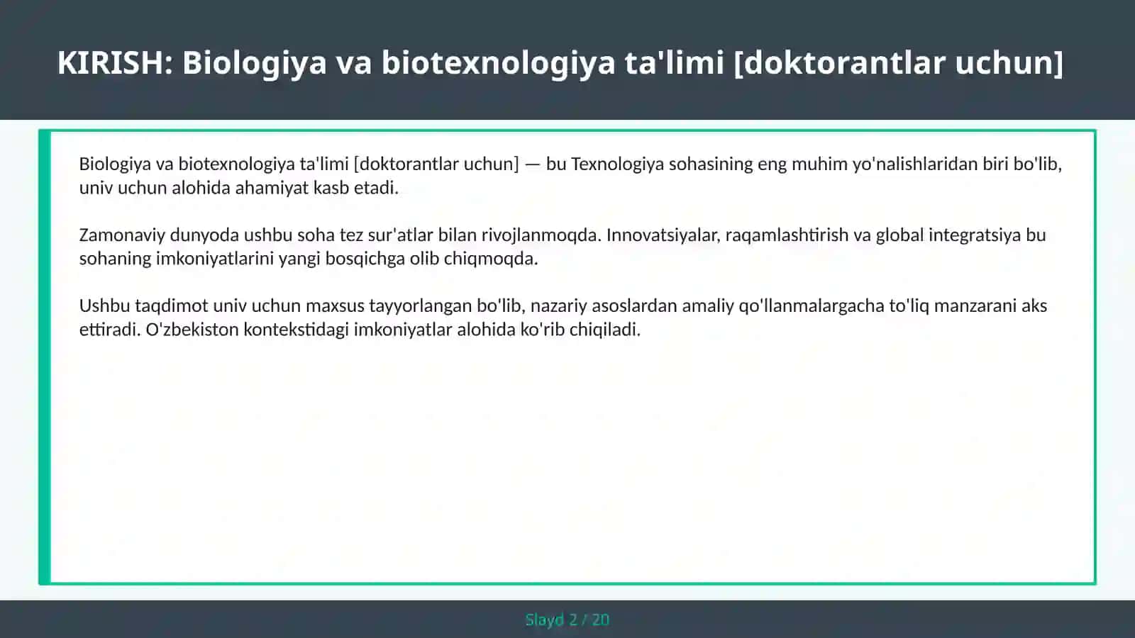 Biologiya va biotexnologiya ta'limi [doktorantlar uchun] 2