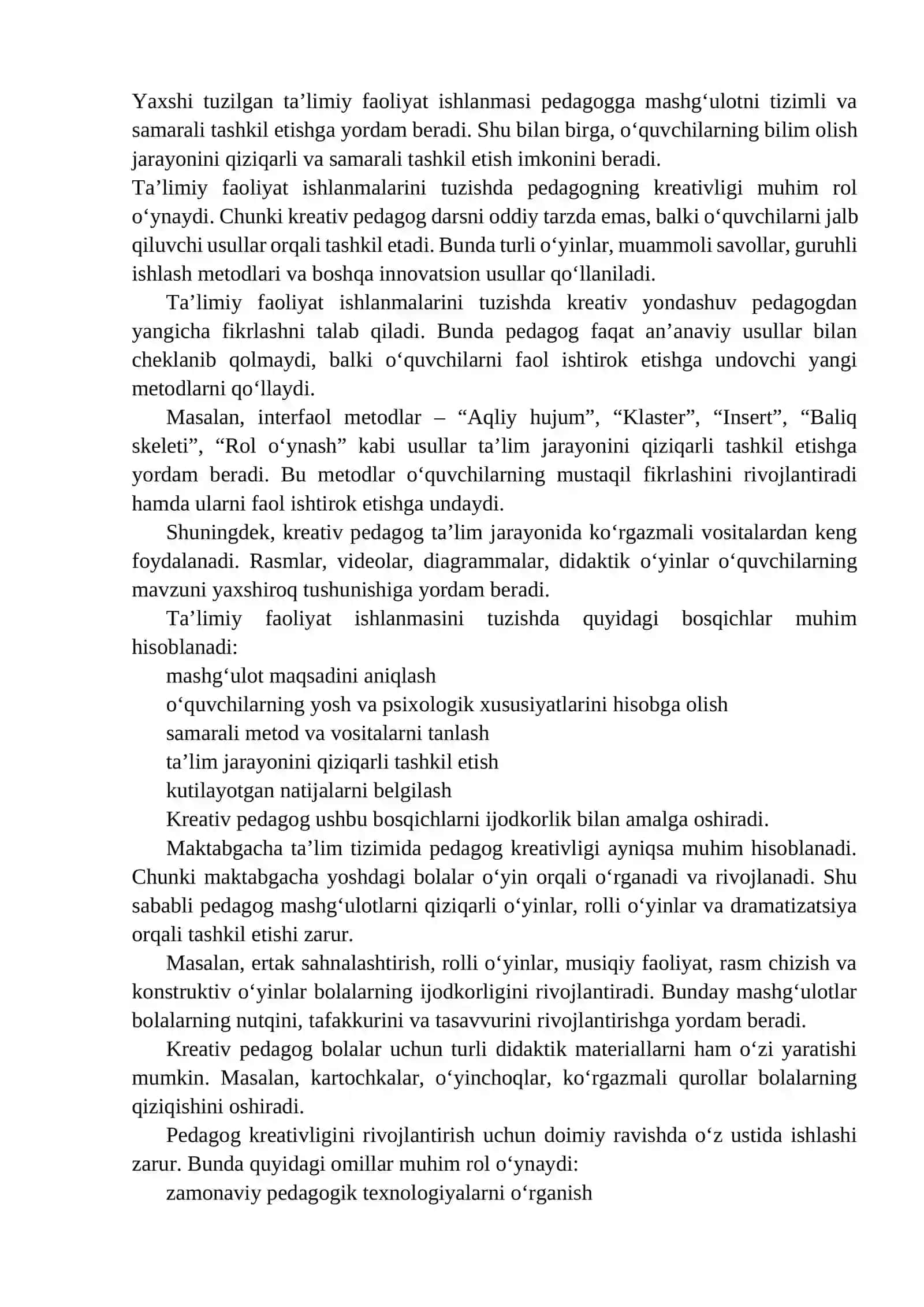 Talimiy faoliyat ishlanmalar tuzishda pedagogning kreativligI 2