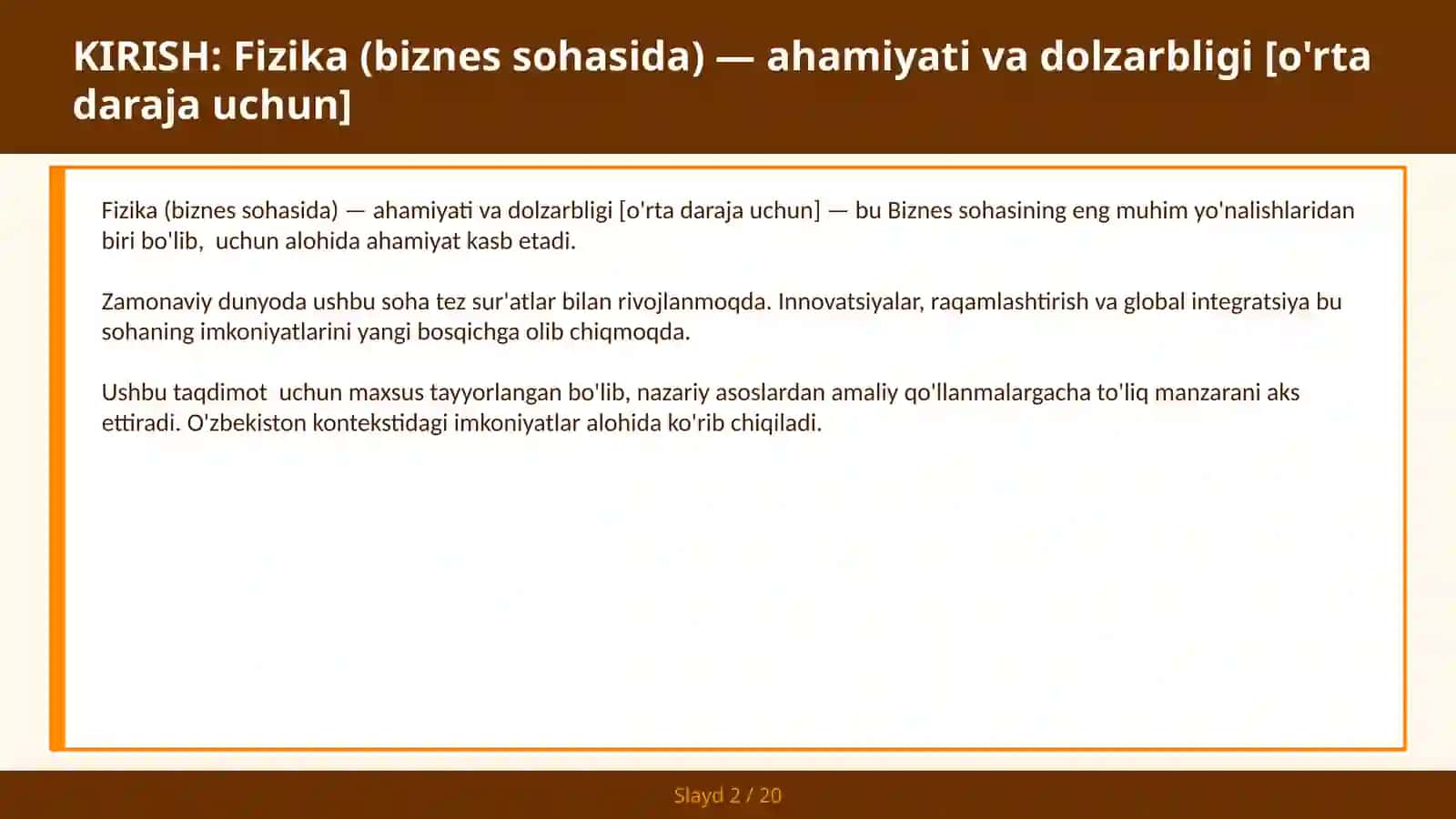 FIZIKA (BIZNES SOHASIDA) — AHAMIYATI VA DOLZARBLIGI [O'RTA DARAJA UCHUN] 2