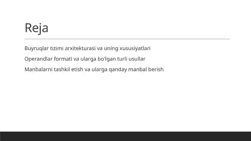 Buyruqlar tizimi arxitekturasi: operandlarni formatlari, adreslash turlari va usullari 2