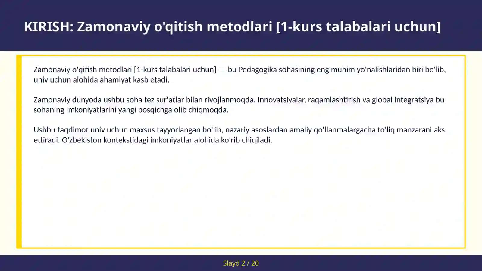 Zamonaviy o'qitish metodlari [1-kurs talabalari uchun] 2