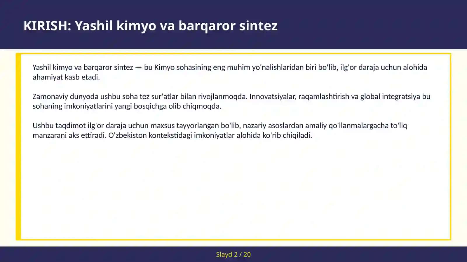 Yashil Kimyo va Barqaror Sintez 2