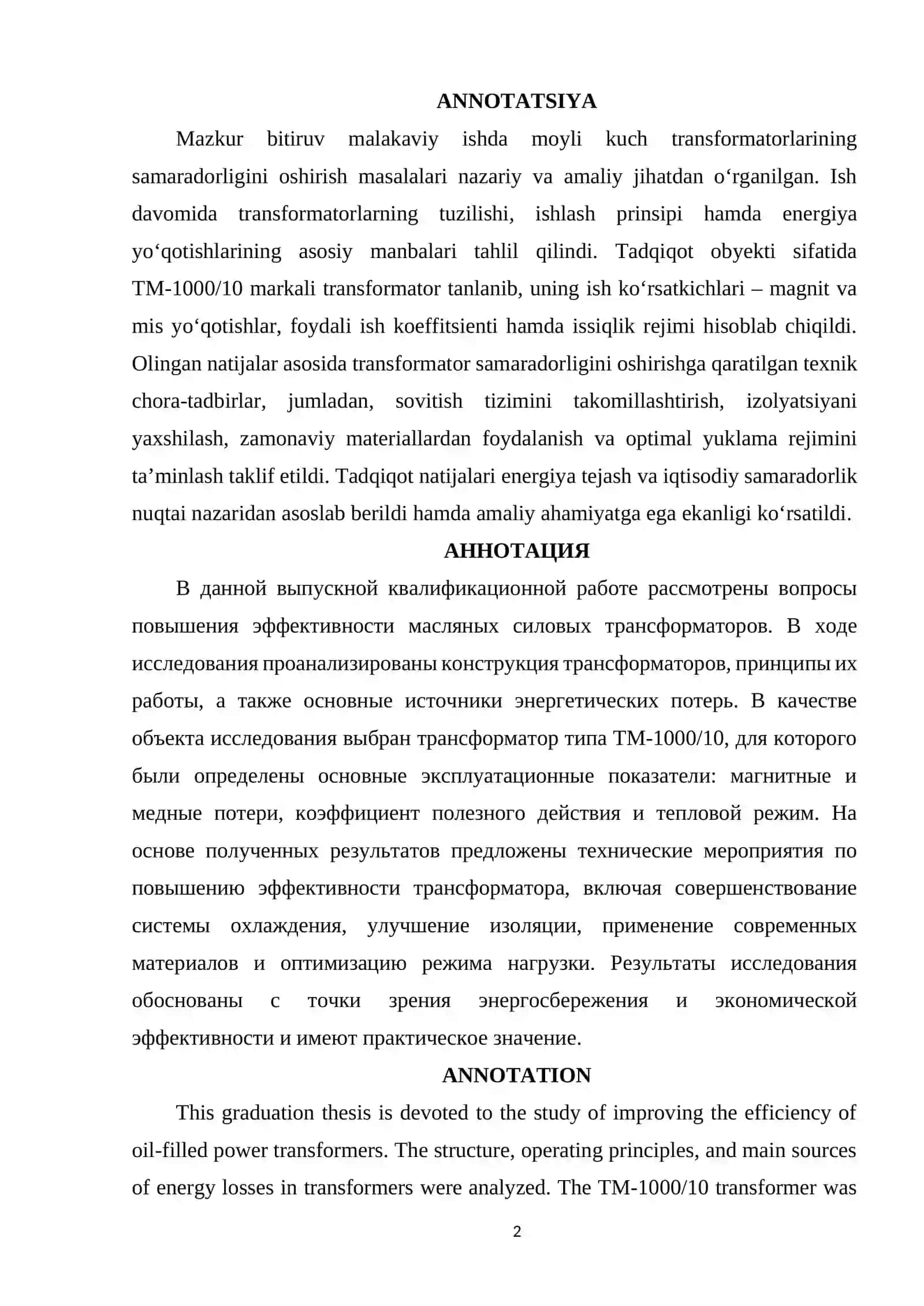 Moyli kuch transformatorlarining samaradorligini oshirish usullarini tadqiq etish 2