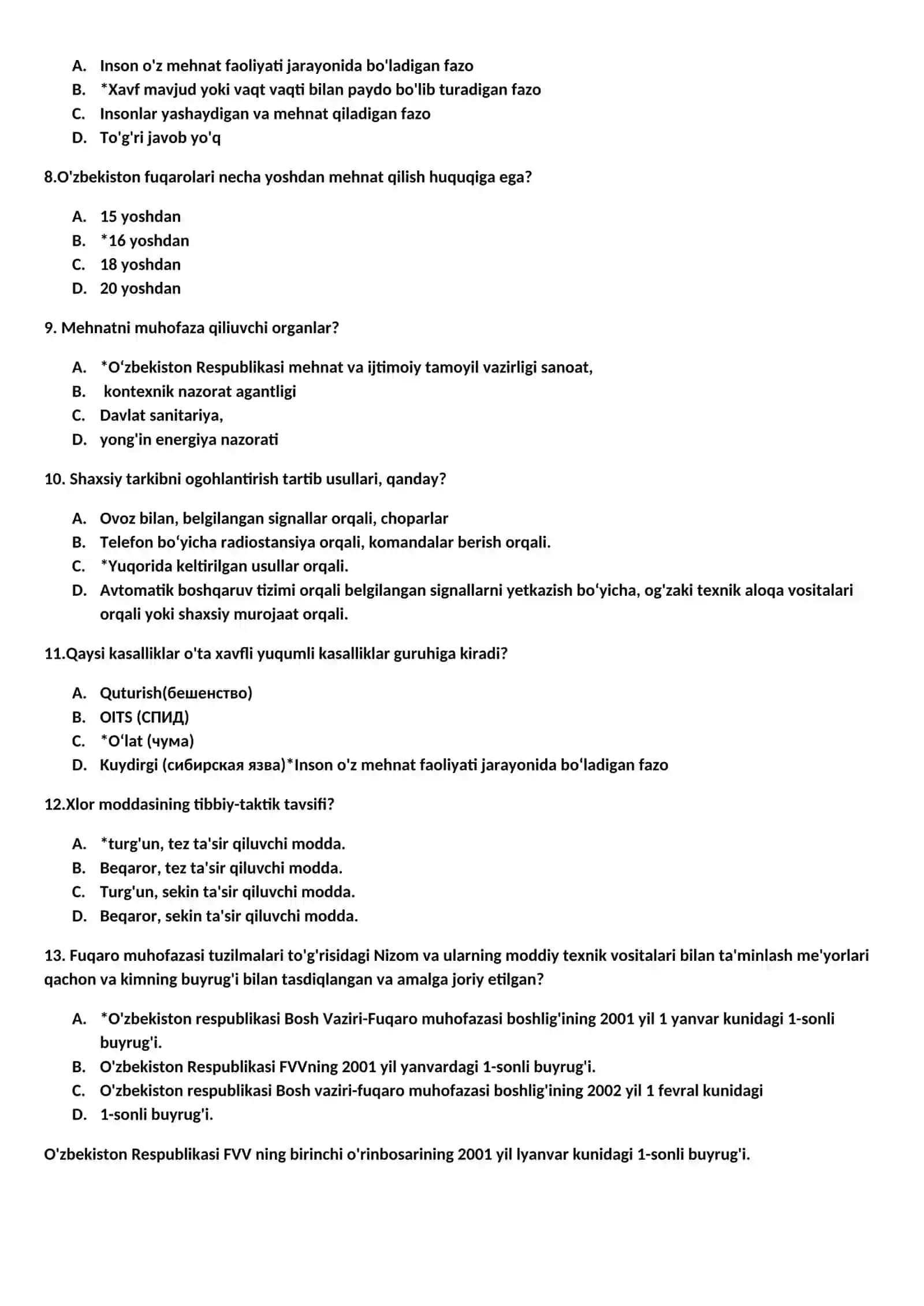 Hayot faoliyati xavfsizligi fanidan test savollari 2