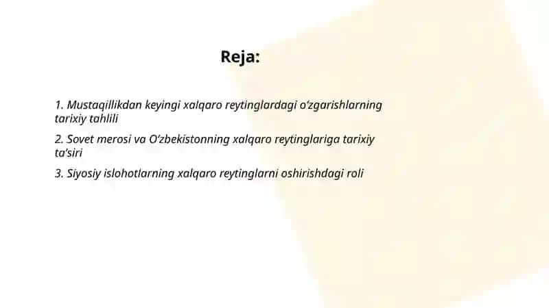 Oʻzbekistonning xalqaro reytinglardagi ko'rsatkichlarini ko'tarishning tarixiy va siyosiy ahamiyati 2
