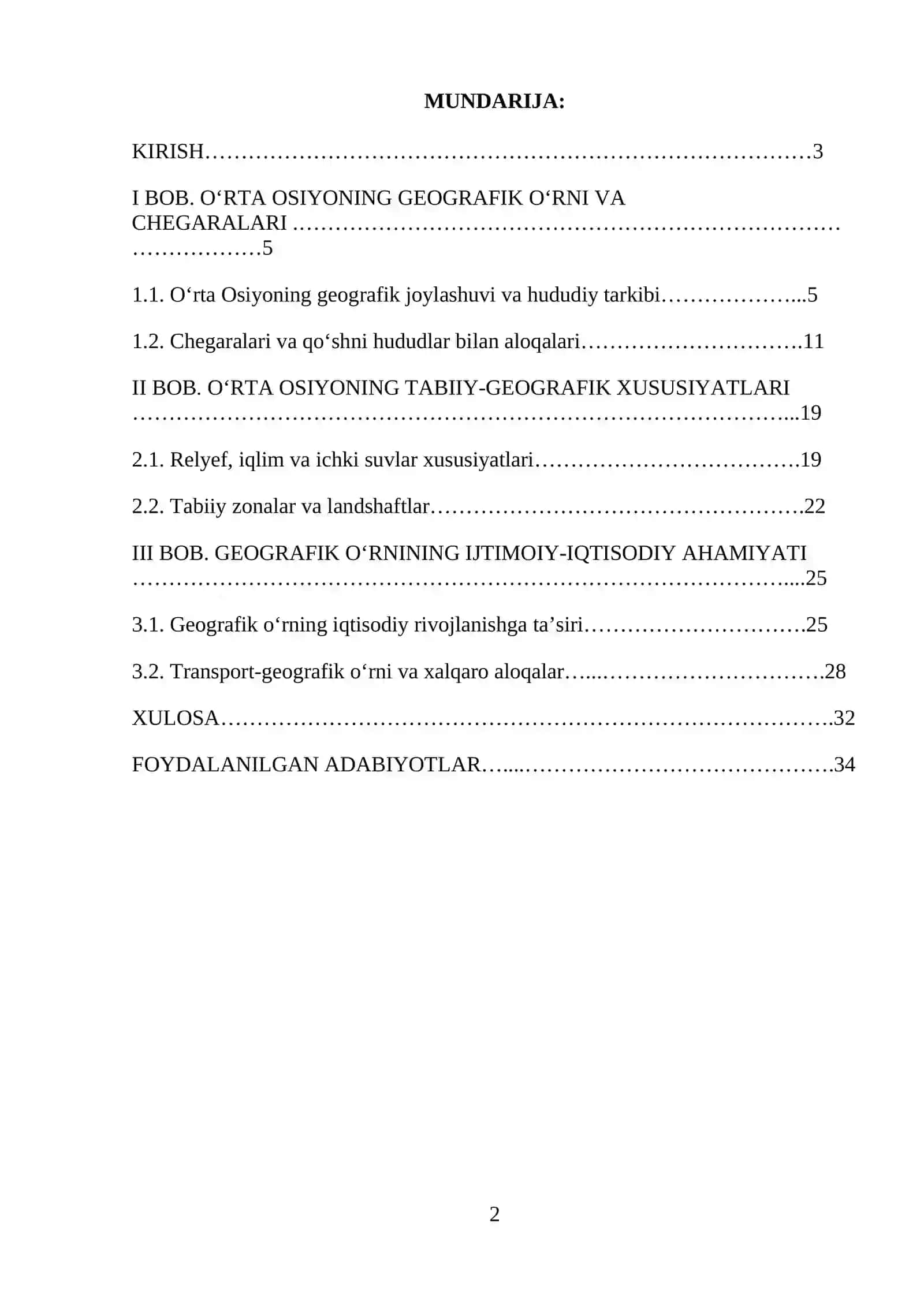 О`rtа Оsiуоning Gеоgrаfik о`rin xususiуаtlаri mavzusida kurs ishi wordda 2