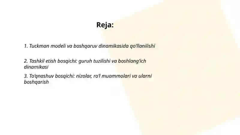 Boshqaruv dinamikasidagi guruhning rivojlanish bosqichlari 2