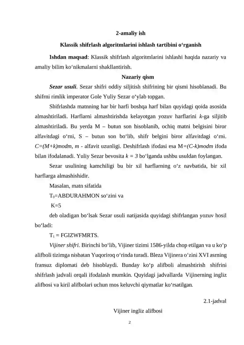 Klassik shifrlash algoritmlarini ishlash tartibini o‘rganish, Operatsion tizimda (Windows OT) parolga asoslangan autentifikatsiya mexanizmini o‘rnatish va sozlashni o‘rganish 2
