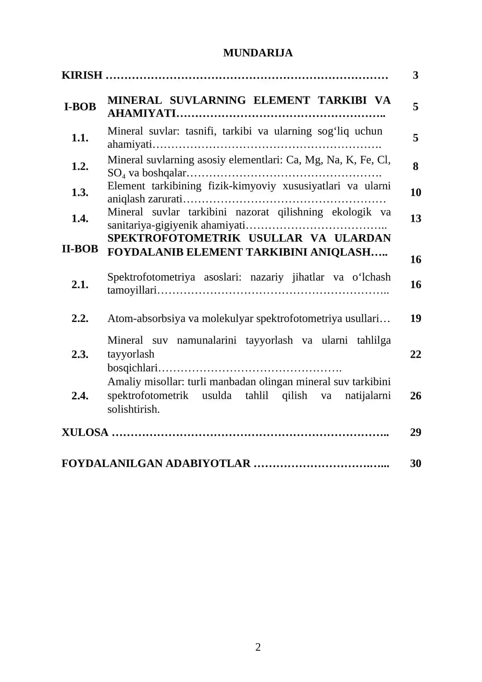 “MINERAL SUVLARNING ELEMENT TARKIBINI ANIQLASHNING SPEKTROFOTOMETRIK USULLARI” MAVZUSIDA YOZGAN KURS ISHI 2
