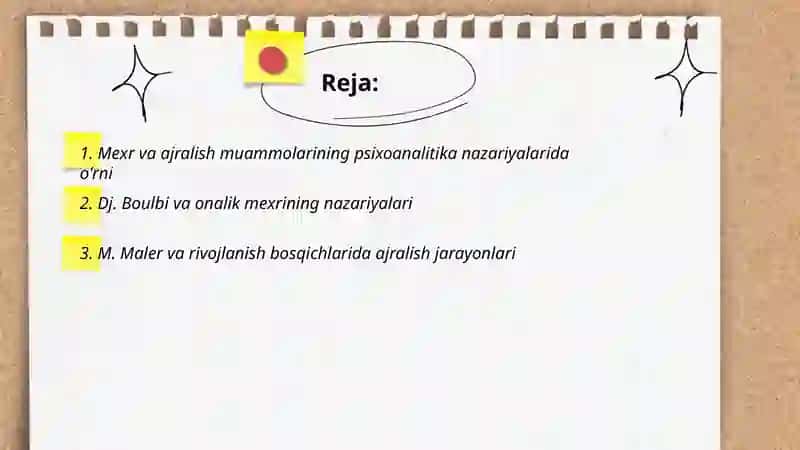 Psixoanalitiklarning ishlarida mexr va ajralish muammolari. (DJ. Boulbi, M. Maler). Psixologik himoya mexanizmlari va ularni diagnostika metodlari. 2