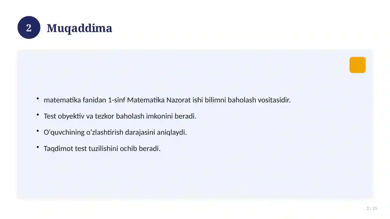 1-sinf Matematika Nazorat ishi 2