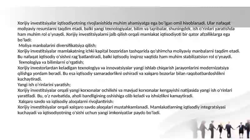 Iqtisodiyotning rivojlanishiga xorijiy investitsiyalarning ahamiyatini oshirish 2