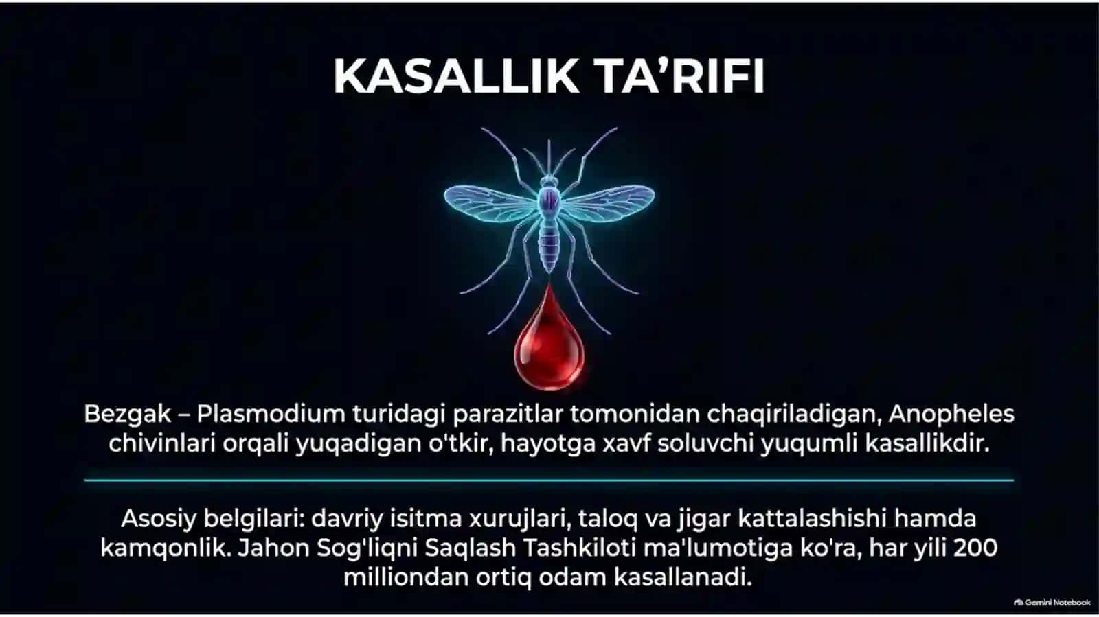Bezgak (Malariya) — Etiologiya, Epidemiologiya, Klinika, Diagnostika va Davolash | 15 slayd 2