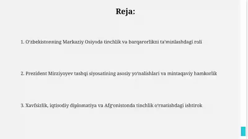 O'zbekistonning Markasiy Osiyoda tinchlik va barqarorlikni ta'minlashdagi oʻrni 2