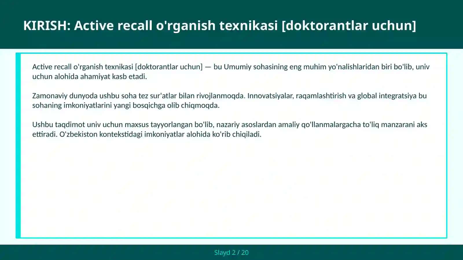 Active recall o'rganish texnikasi [doktorantlar uchun] 2