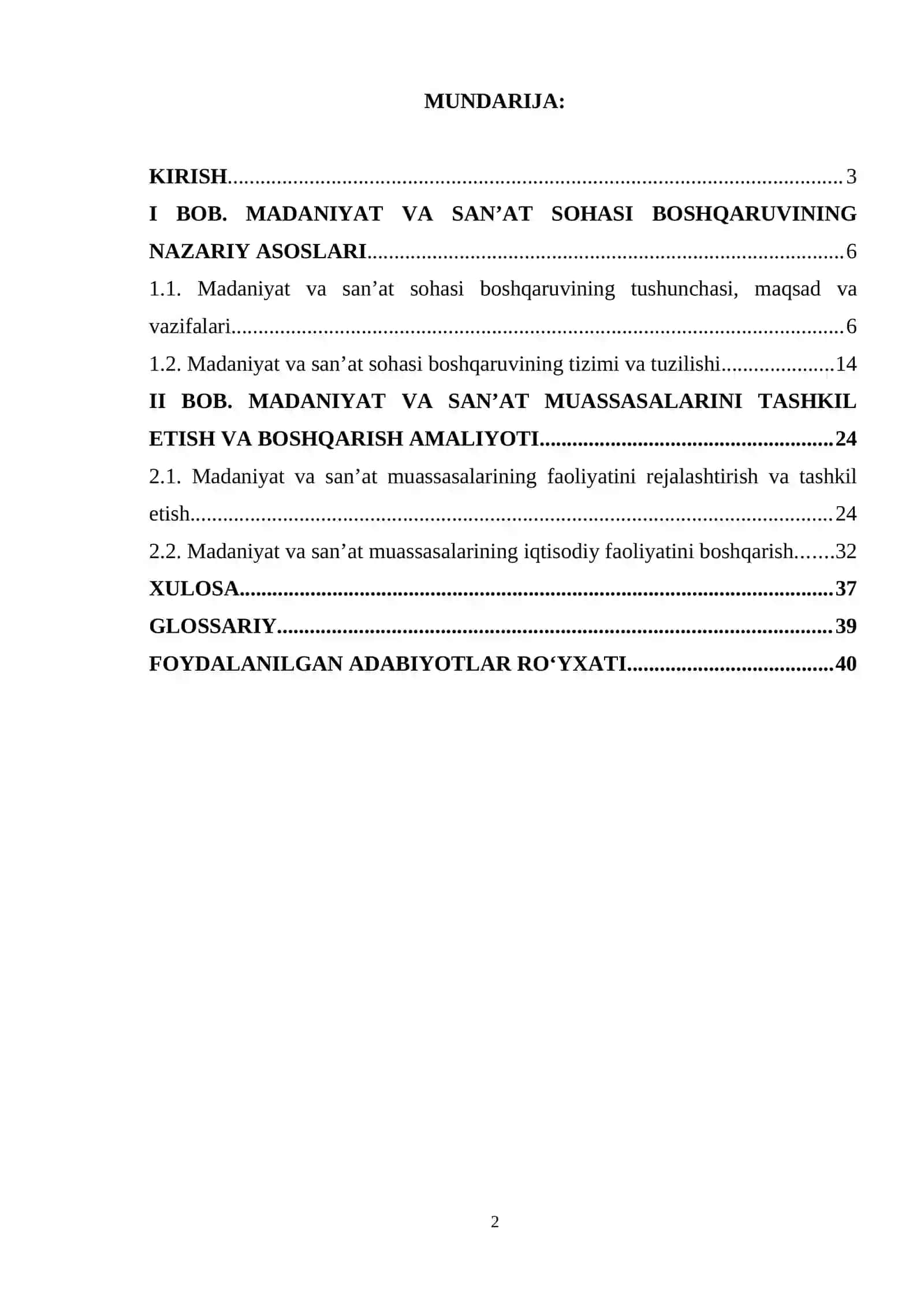 “Madaniyat va san’at sohasi boshqaruvi” kurs ishi 2