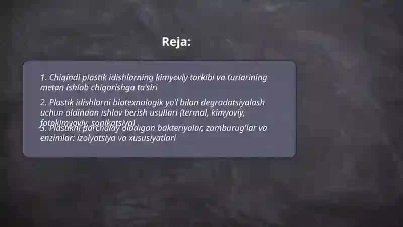 Chiqindi plastik idishlardan biotexnologik yo‘l bilan metan (biogaz) olish 2