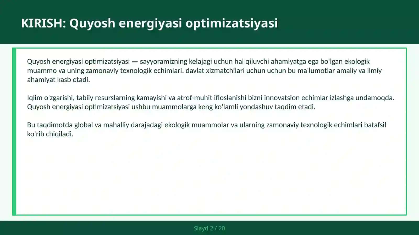 Quyosh energiyasi optimizatsiyasi 2