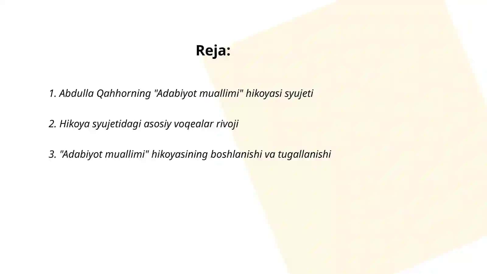 Abdulla Qahhorning "Adabiyot muallimi" hikoyasining syujeti, kompozitsiyasi, obrazlari va badiiy tili bo'yicha tahlili 2