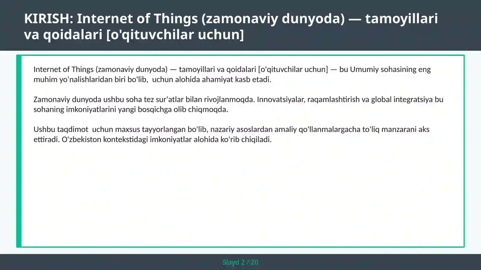 Internet of Things (zamonaviy dunyoda) — tamoyillari va qoidalari [o'qituvchilar uchun] 2