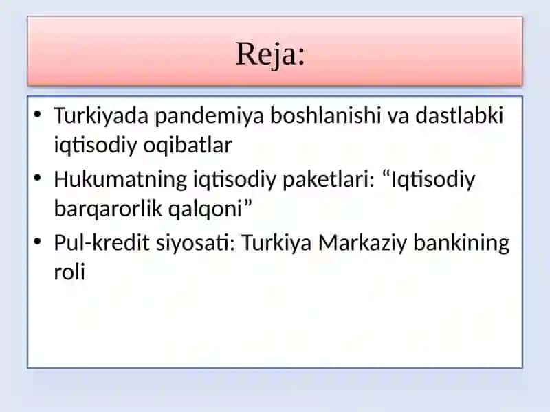 Pandemiya davrida iqtisodiy siyosat. TURKIYA 2
