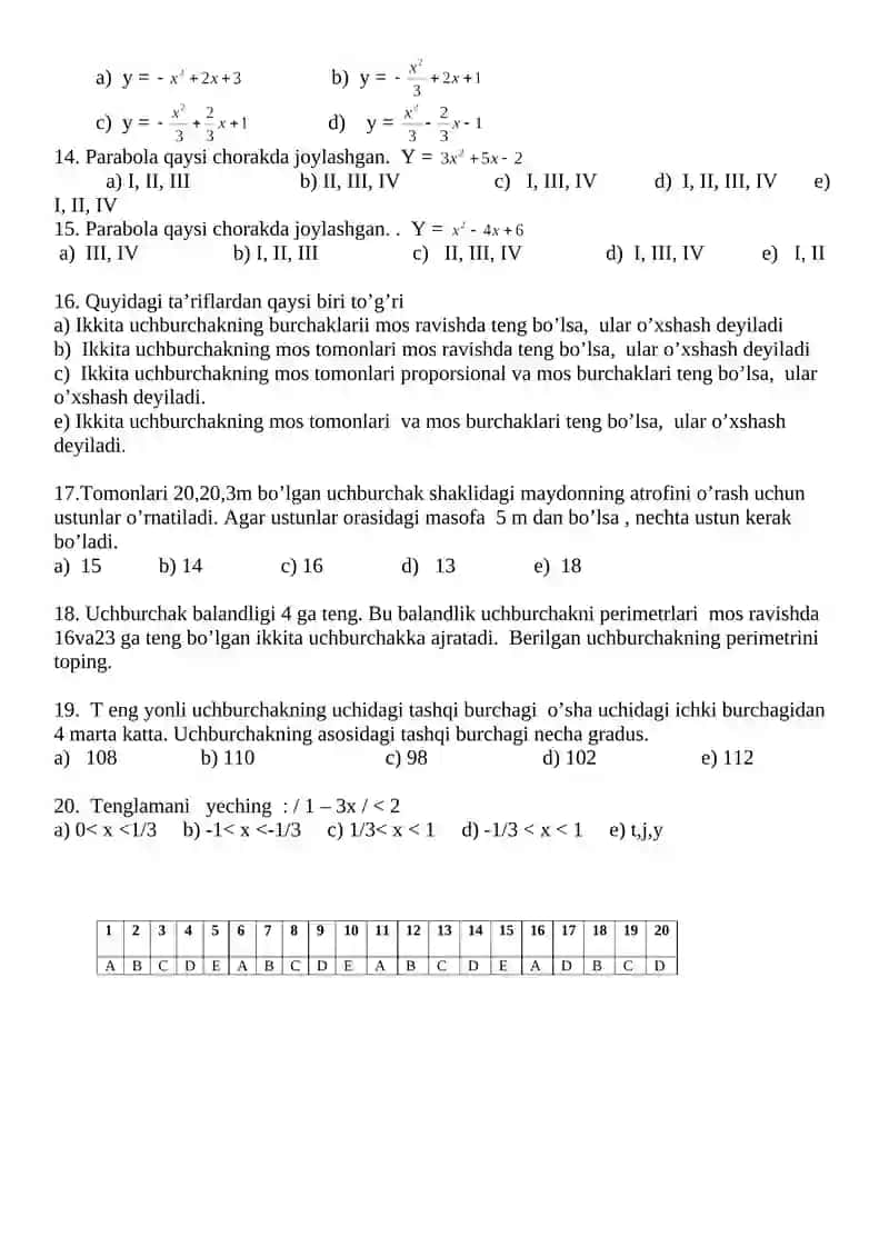 Matematika fanidan boshlang’ish nazorat testi 2