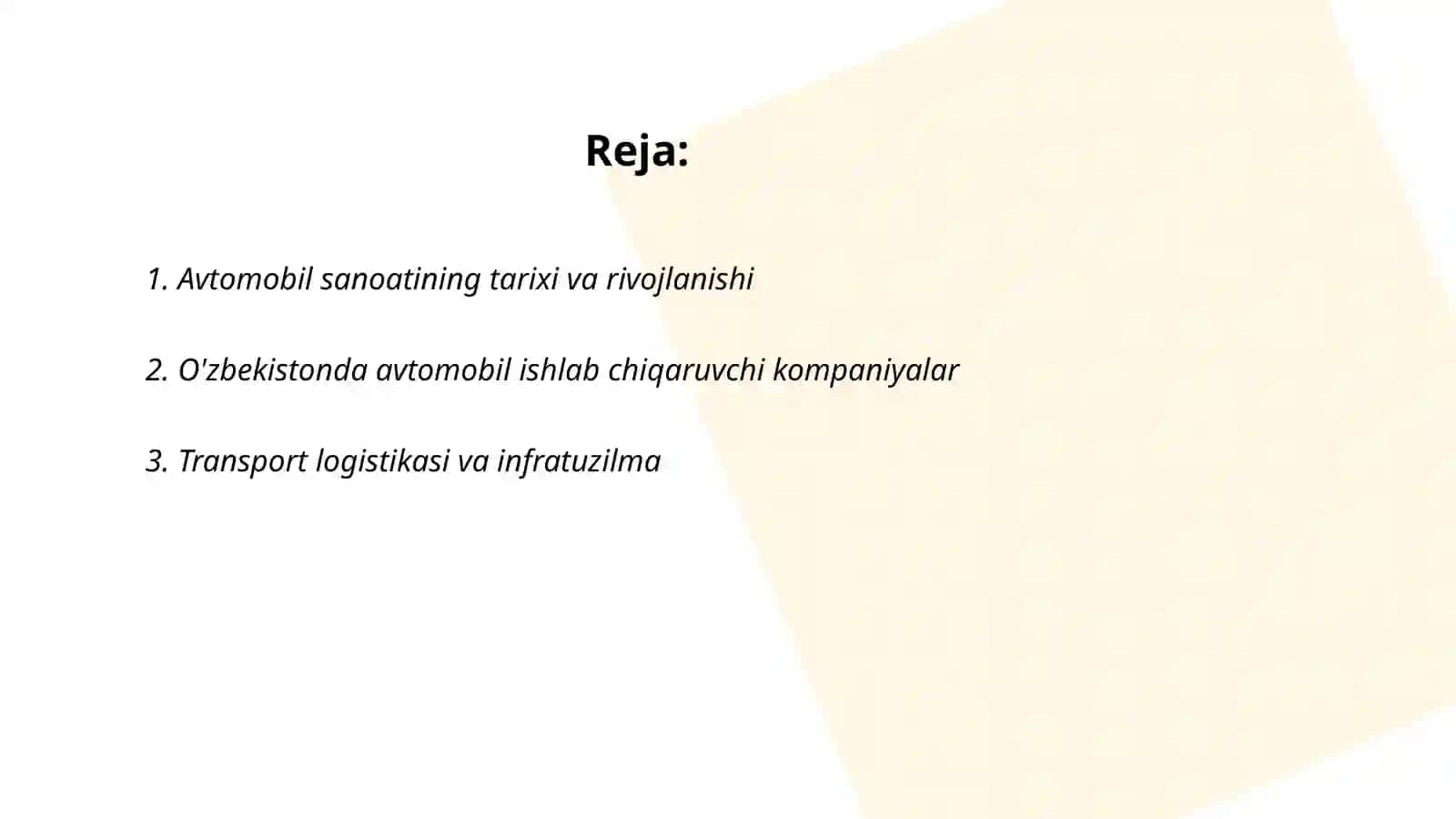 Avtomobil Sanoati va Transportini Rivojlanishi Reja 2