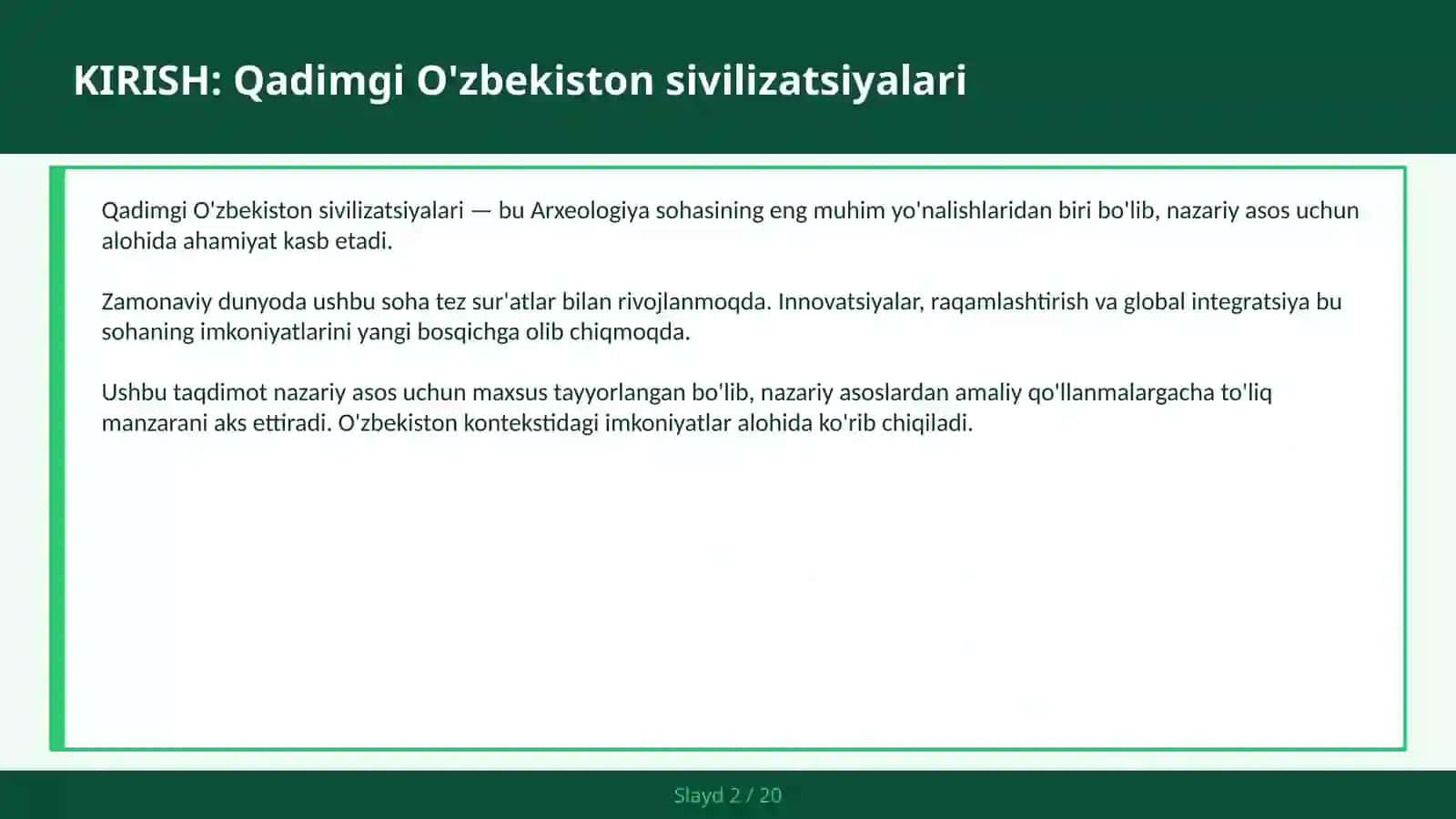 QADIMGI O'ZBEKISTON SIVILIZATSIYALARI 2