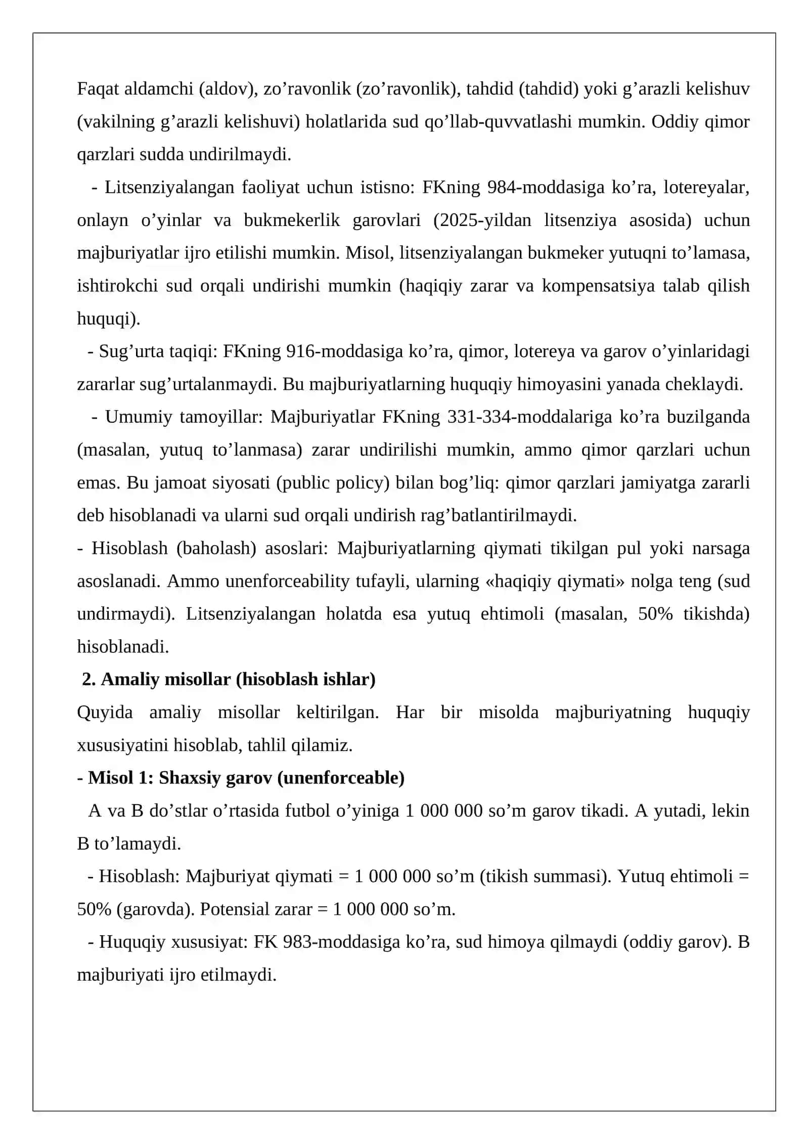 Qimor va garov o’yinlaridan kelib chiqadigan majburiyatlarning huquqiy xususiyatlari 2